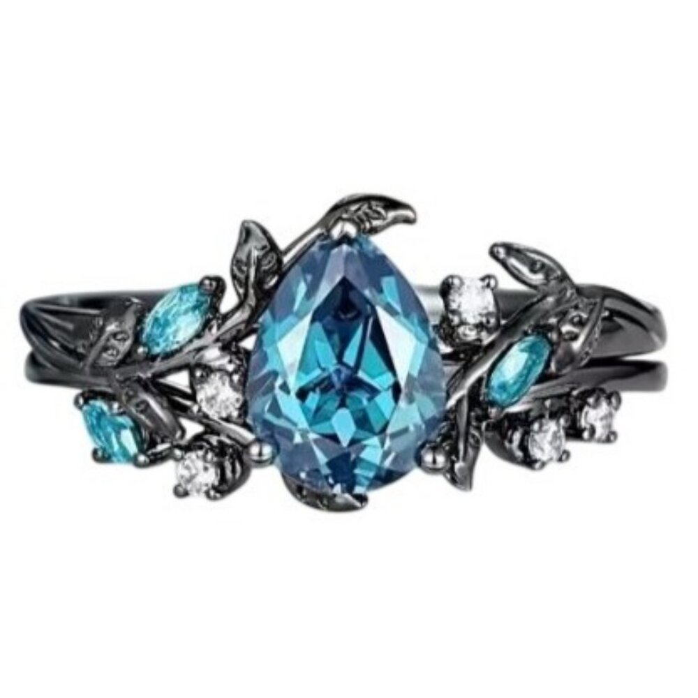 Pear Cut Blue Topaz & Moissanite 2 piece Bridal Wedding engagement ring Rhodium